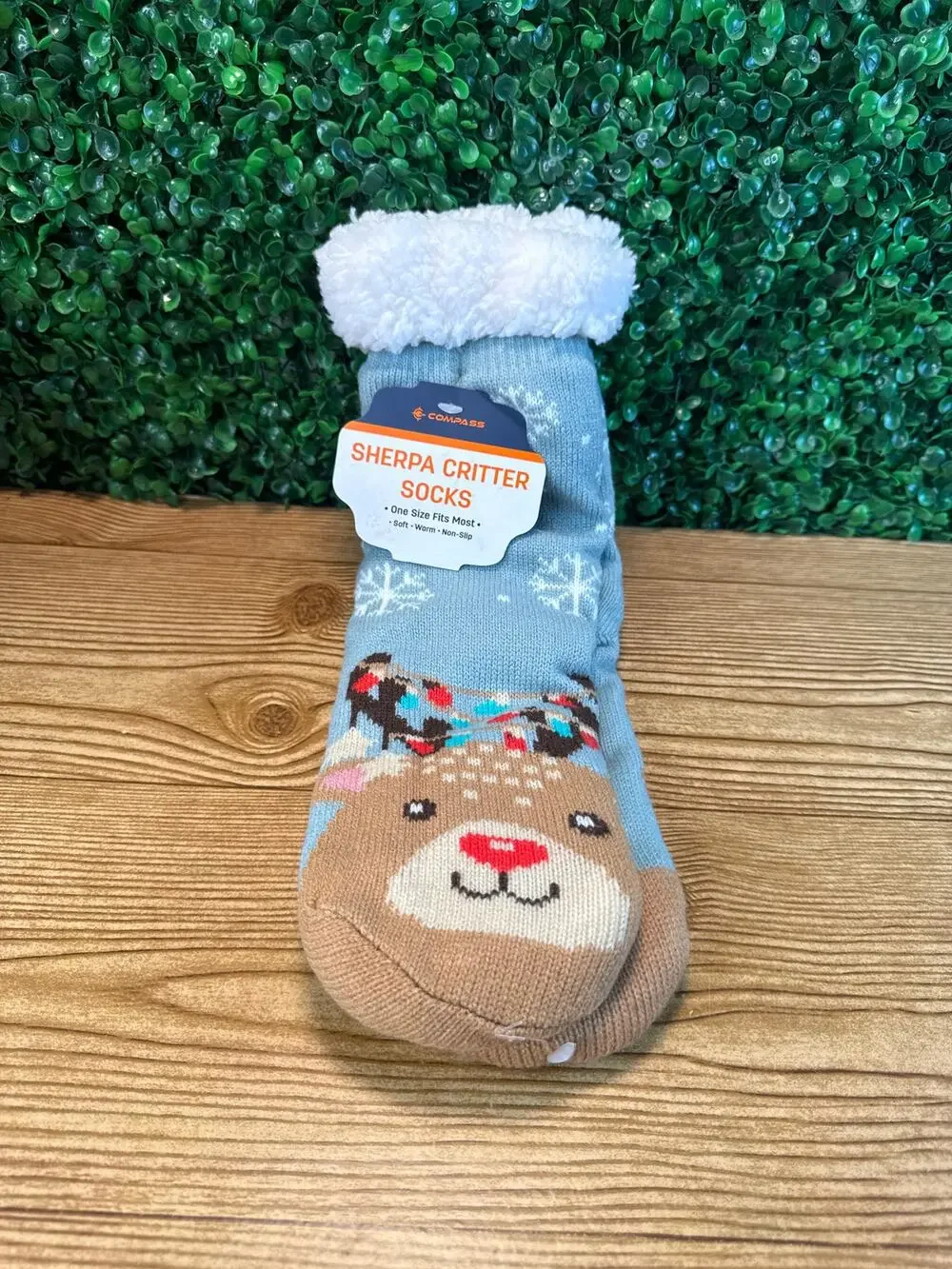 New Sherpa Lined Non-Slip Slipper Socks Reindeer Christmas Slippers One Size